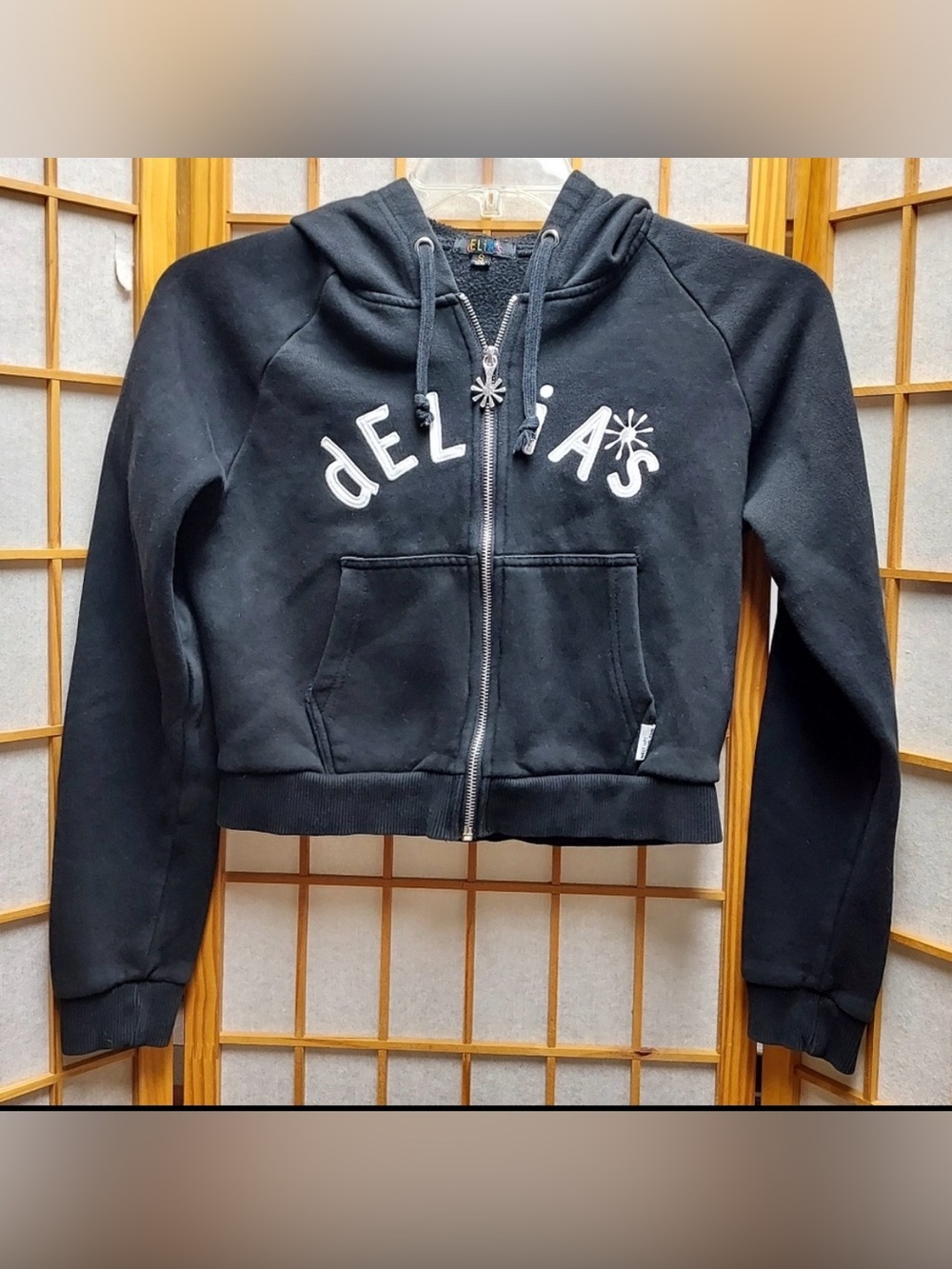 dELiA*s Black Zip-Up Hooded Sweatshirt with White Logo